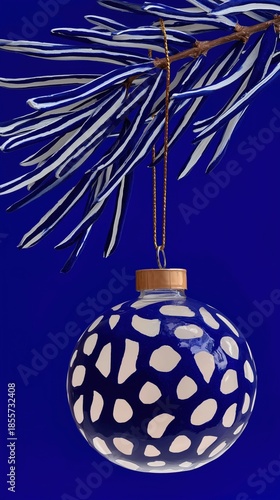 Artistic White and Blue Bauble Hanging on Abstract Winter Foliage
