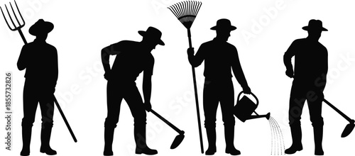Silhouette, farmers, gardening, agriculture, pitchfork, hoe, rake, shovel, watering, can, tools, manual, labor, farming, activity, outdoor, cultivation, soil, plants, illustration, concept
