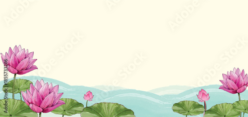 Soft, pastel lotus images, each featuring soft pink lotus flowers and green leaves on a calm, light-colored background, creating a calm and harmonious scene.