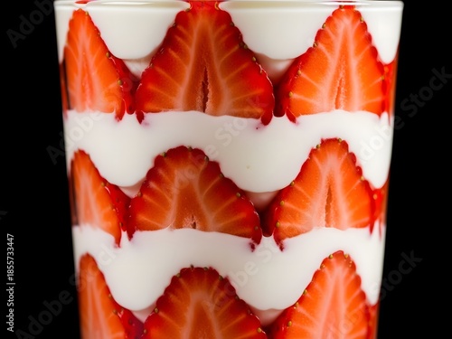 A strawberry and yogurt parfait in a glass
