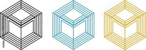 Flat vector illustration set of geometric cube icons with parallel line patterns in black blue and yellow colors isolated on white background for abstract design