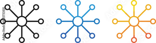 Flat vector illustration set of network connectivity hub icons with central circle and radiating lines in black blue and orange colors isolated on white background