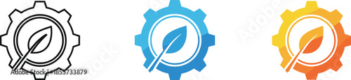 Flat vector illustration set of gear icons with leaf symbols in black blue and orange colors isolated on white background for green energy and ecology