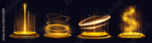 Neon orange game portals set isolated on black. Vector realistic illustration of round teleport with hologram sparkle, heat wave, glowing circles effect, futuristic vr lab, sci-fi time travel platform