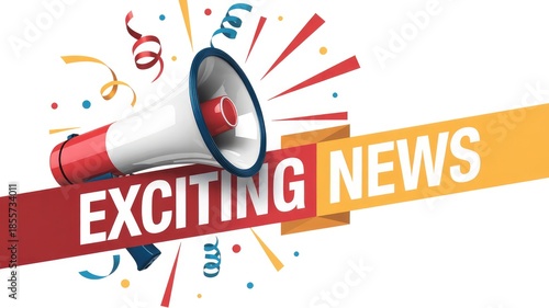 Bright red and white megaphone broadcasting exciting news with festive confetti and streamers graphi