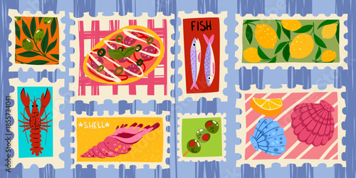 Color stamps with traditional Italian food. Vector cartoon illustration of Amalfi coast vacation symbols, sardines and lobster, pizza, olives and lemon, oysters and shell, summer travel collage