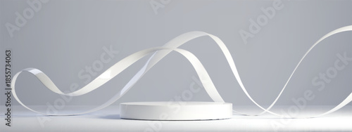 Abstract 3D podium with flowing white ribbon wave on grey backdrop. Elegant platform stage with smooth curved streamer design. Modern minimalist scene for product display or presentation purposes.