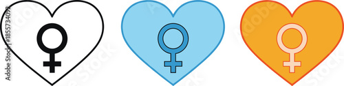 Flat vector illustration set of female gender symbol inside heart shapes in black blue and orange colors isolated on white background for women rights design