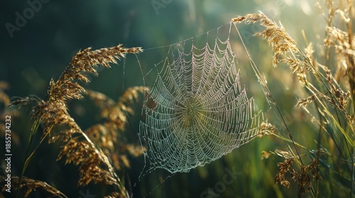 Intricate spiderweb glistening with tiny dewdrops catches the morning sunlight among dry grasses