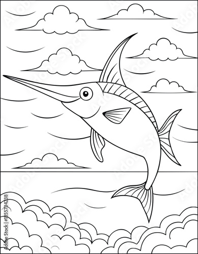 Line art swordfish swimming in ocean with clouds. coloring book page for kids, marine life animal. simple illustration