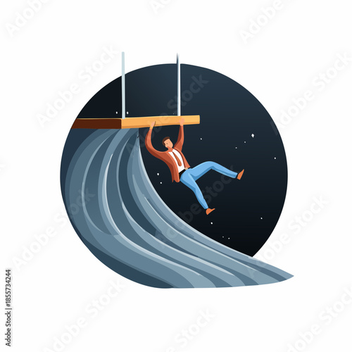 Illustration of a man hanging from a diving board over a wave in front of a night sky.