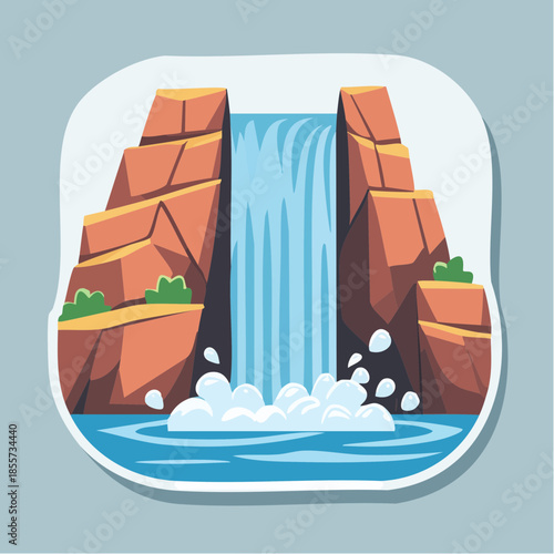 Cartoon illustration of a waterfall cascading between rocky cliffs into a pool of water, with a sticker effect.