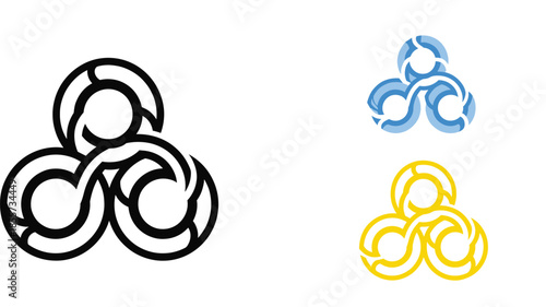 Flat vector illustration set of interlocking circular loop icons in black blue and yellow colors isolated on white background for abstract logo and unity symbol design