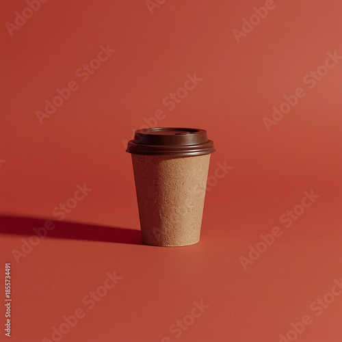 Coffee Cup Delight: A solo paper coffee cup, complete with a dark-brown lid, casts a subtle shadow against a terracotta background.
