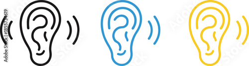 Flat vector illustration set of human ear icons with sound wave symbols in black blue and orange colors isolated on white background for hearing