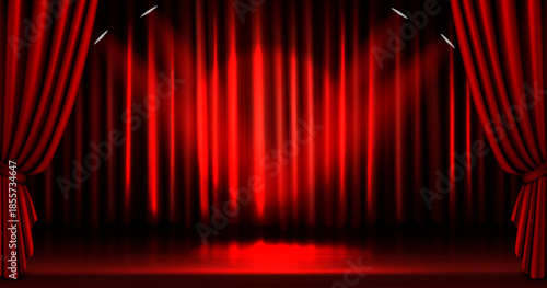 Red stage curtain with dramatic spotlight beams illuminating velvet drapes. Theater backdrop with crimson curtains pulled open with glowing light effects for Broadway show or opera performance scene.