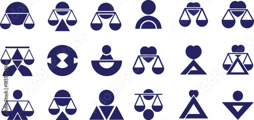 Vector art of abstract blue geometric icons depicting balance scales, human figures, and abstract shapes for law, justice, or equality concepts