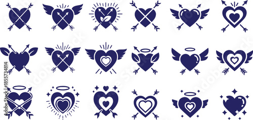 Vector art of set of 18 blue heart icons with wings, arrows, and halos love and romance symbol collection