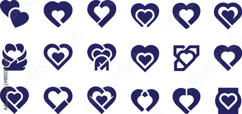 Vector art of set of 18 blue minimalist heart icons featuring interlocking and nested designs for love and care