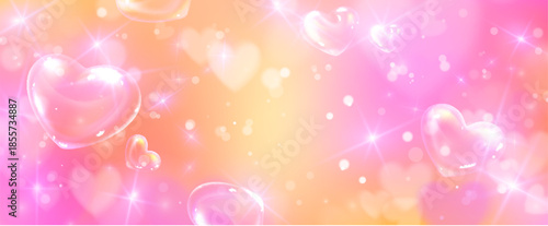 Dreamy rainbow background with 3d hearts and glitter particles. Vector realistic illustration of seamless pastel gradient, princess pattern, shimmering sparks, magic bokeh effect, cute girly design