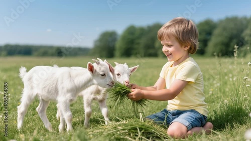 Joyful child sitting on grass and feeding fresh green grass to two small white goats. Bright summer day in countryside field. Fun, nature, animals, and childhood joy in one scene.