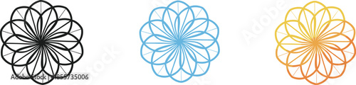 Flat vector illustration set of circular geometric flower icons in black blue and orange colors isolated on white background for mandala and pattern design