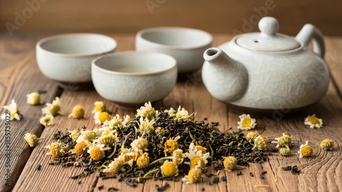Dried chamomile flowers and loose leaf tea arranged on rustic wooden surface with a ceramic teapot and cups. Herbal tea concept with natural calming ingredients. Warm, cozy, organic.