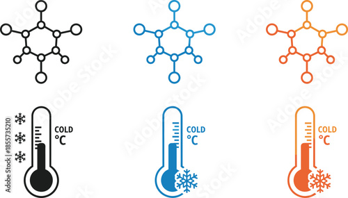 Vector illustration set of snowflake molecules and thermometers showing cold temperature in black blue and orange colors isolated on white background for winter