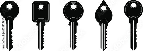 Black silhouette vector illustration set of various house and door keys isolated on white background for security safety access and real estate design