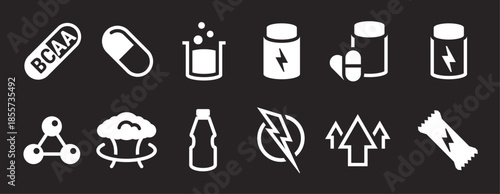 sport supplements icons set white on a black background
