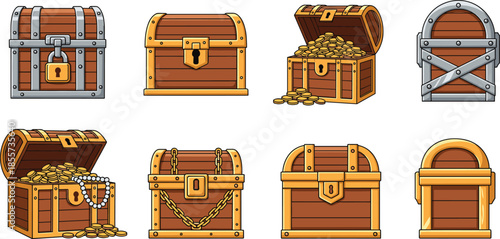 Flat vector illustration set of wooden treasure chests with gold coins and jewels isolated on white background for adventure games and wealth concepts