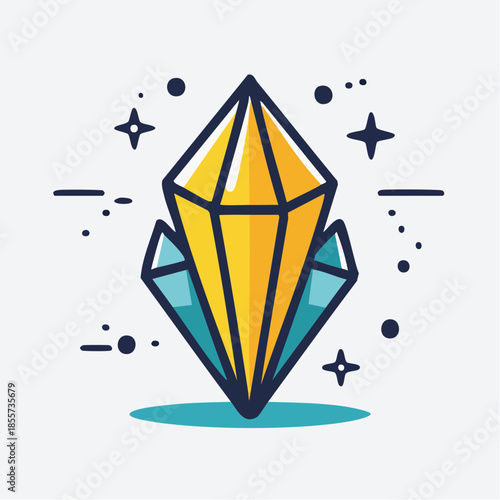 Illustration of a yellow crystal with two smaller blue crystals behind it.