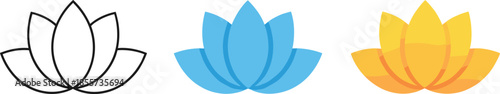 Flat vector illustration set of lotus flower icons in black blue and orange colors isolated on white background for yoga wellness and meditation