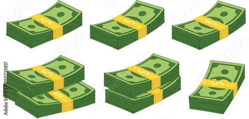 Flat vector illustration set of green dollar banknote stacks with yellow bands isolated on white background for financial success banking and business design