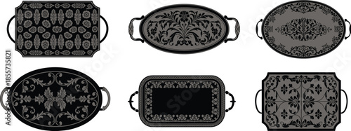 Vintage silver and black serving tray set with ornate floral patterns and handles isolated on white background for catering design
