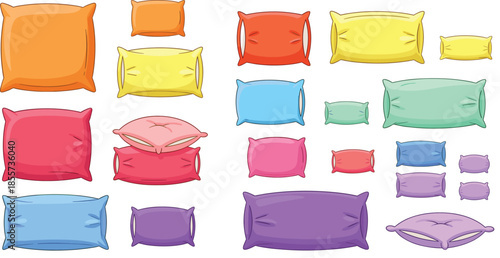 Flat vector illustration set of colorful soft pillows in various shapes and sizes isolated on white background for bedroom interior and home decor
