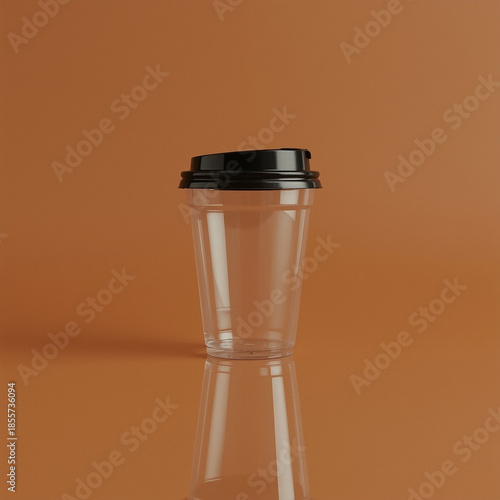 Minimalist Coffee Cup: A transparent, disposable coffee cup with a sleek black lid rests gracefully on a reflective surface against a solid background, symbolizing convenience and modern design.
