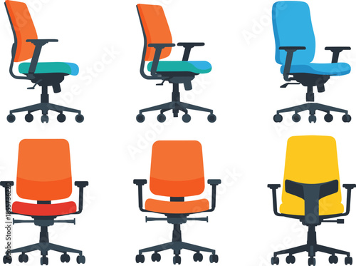 Flat vector illustration set of modern ergonomic office chairs in various colors and angles isolated on white background for interior workplace and business design
