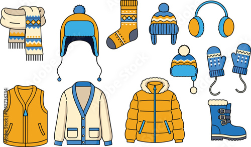 Winter clothing illustration, cozy apparel icons, seasonal fashion pack, colorful accessories design, warm outfit symbols, cold weather wardrobe elements