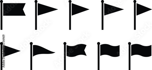 Black silhouette vector illustration set of various flag icons on poles isolated on white background for map marking destination and location point design