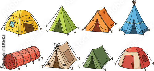 Flat vector illustration set of colorful camping tents and play houses isolated on white background for outdoor adventure recreation and children fun activities
