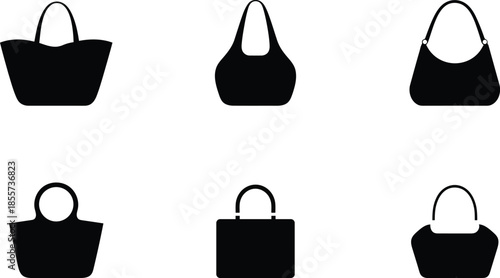 collection of various black handbag silhouettes on white background