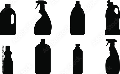 set of black spray bottles and detergent bottles