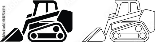 skid steer loader and excavator icons in black and white