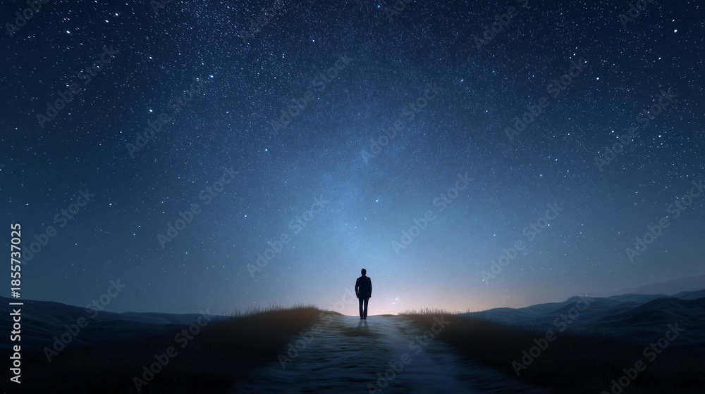 Fototapeta premium Man standing on the misty grassy hill at night with starry sky and Milky Way, creating a sense of wonder and cosmic exploration