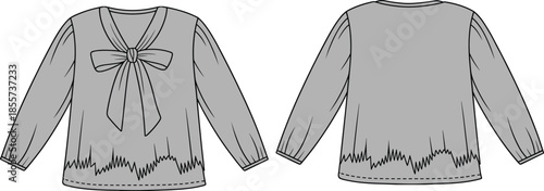 Women's stylish long sleeve top with large front bow tie V-neck casual fashion blouse vector technical sketch drawing template, apparel design, girls clothing, flat outline.