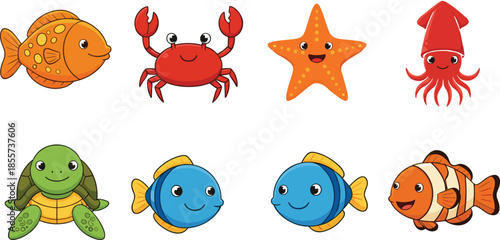 Cute cartoon sea animals vector collection featuring turtle fish squid starfish crabs lightning bolt and flowers isolated on white background for children design
