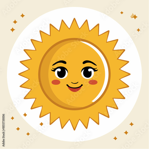 Smiling sun cartoon character with eyelashes and rosy cheeks on a beige background.