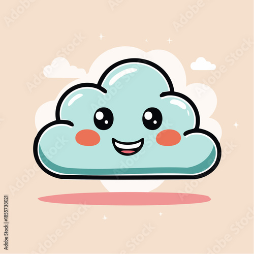 Cute cartoon cloud with a happy face and rosy cheeks on a beige background.