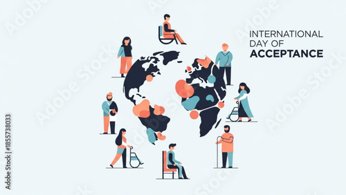 Diverse people with disabilities around the globe celebrating International Day of Acceptance vector illustration for social awareness
